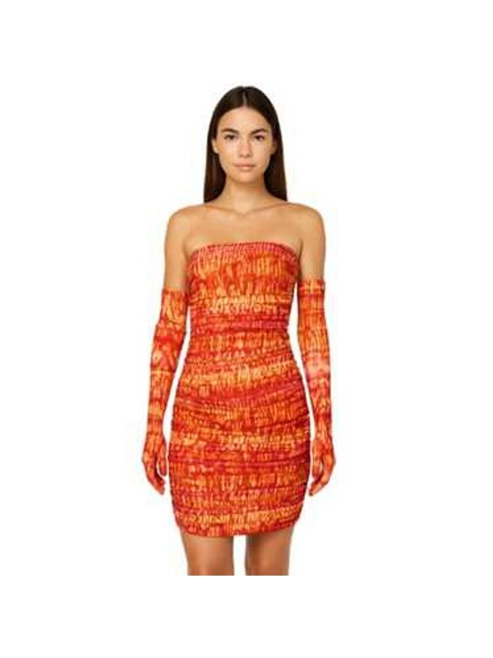 Women's MISCREANTS Orange Red Tie-Dye Strapless Mini Dress with Gloves Size 6